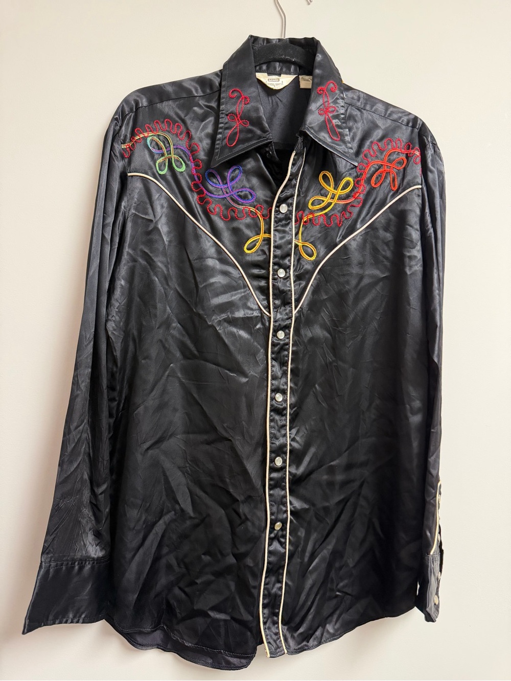 1970s Vintage Black Embroidered Satin Button-Down Western Shirt